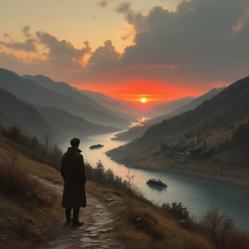 AI generated: "A young man (22 years old) standing on a mountain path at dusk, looking back at his native village ...