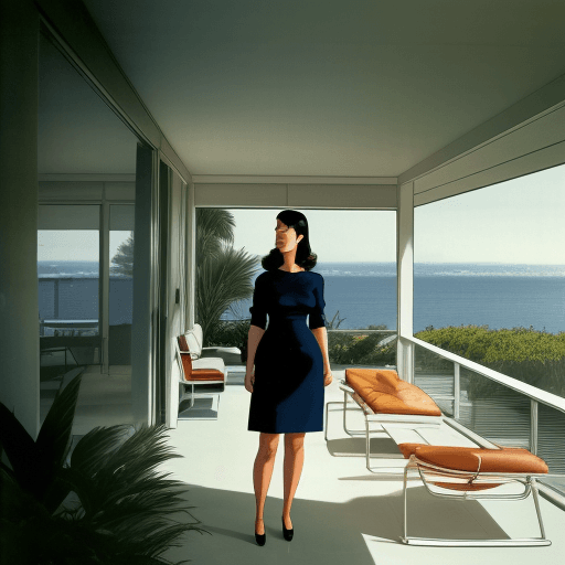 AI generated: 25 year old woman enjoying the sunyper realistic eye level exterior photo of a mid century modern st...