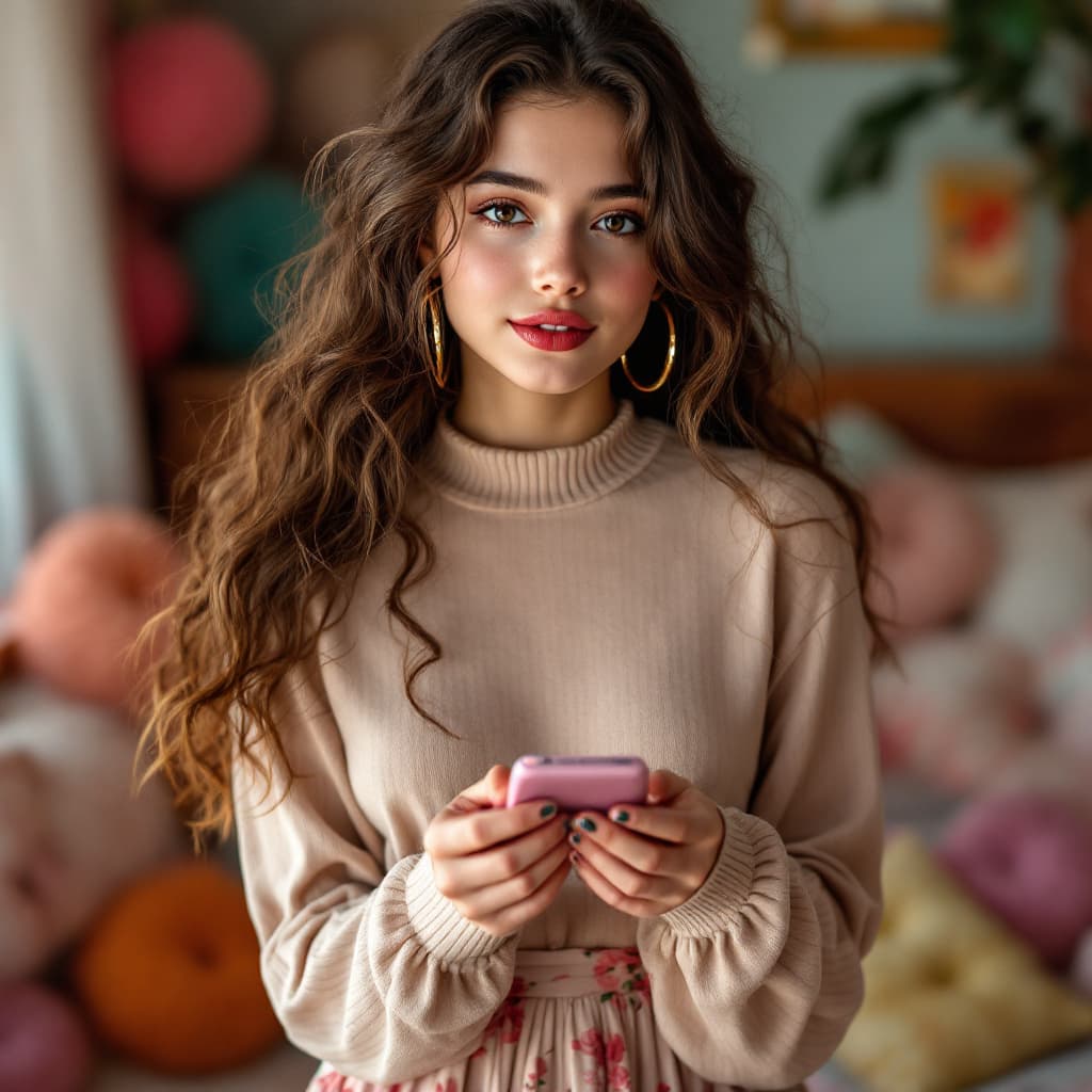 AI generated: A beautiful  teen girl, bright brown eyes, red lips, brown hair so long and curly, detailed intricat...