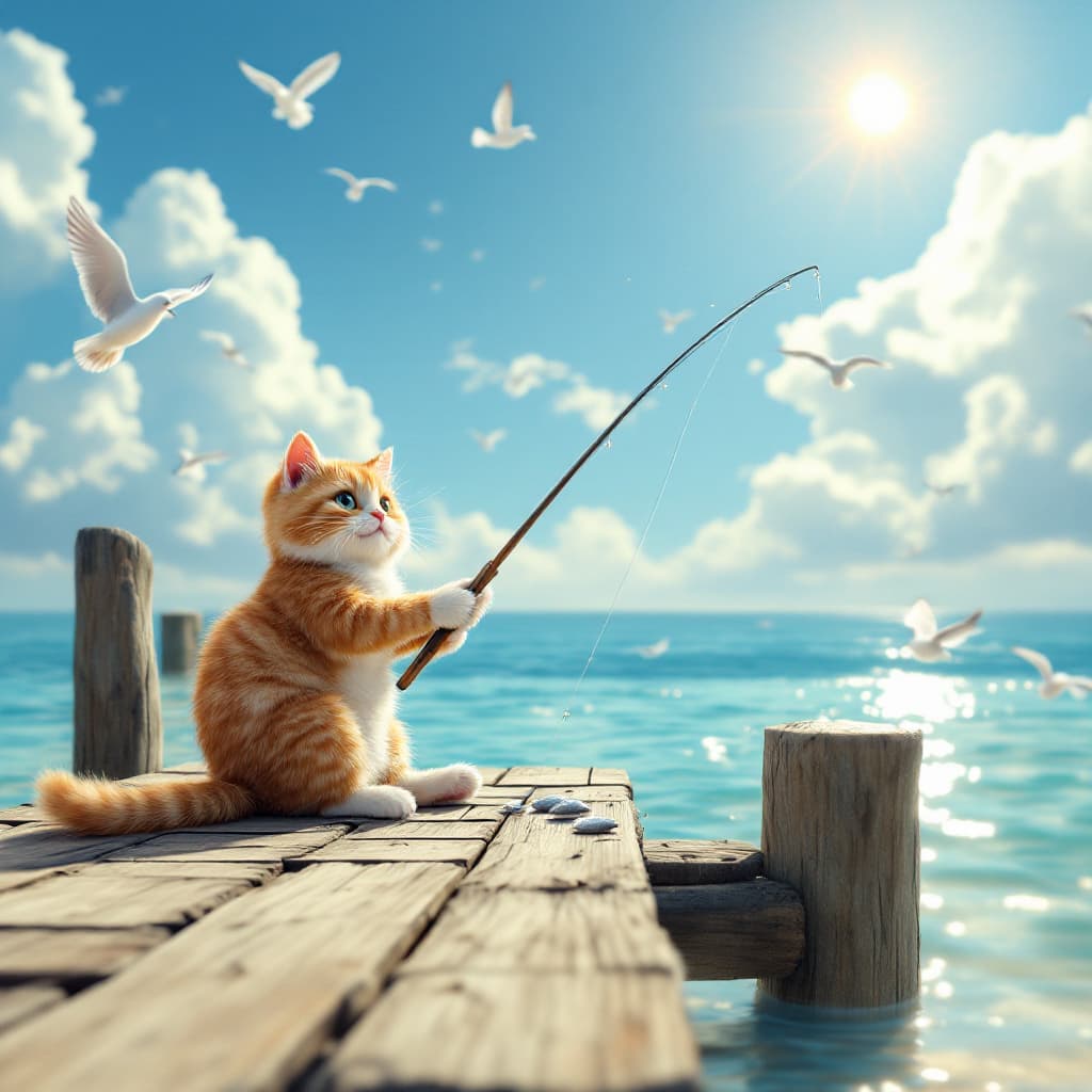 AI generated: a cat with a fishing rod sits on a wooden pier and catches fish, the sun is shining, seagulls are fl...
