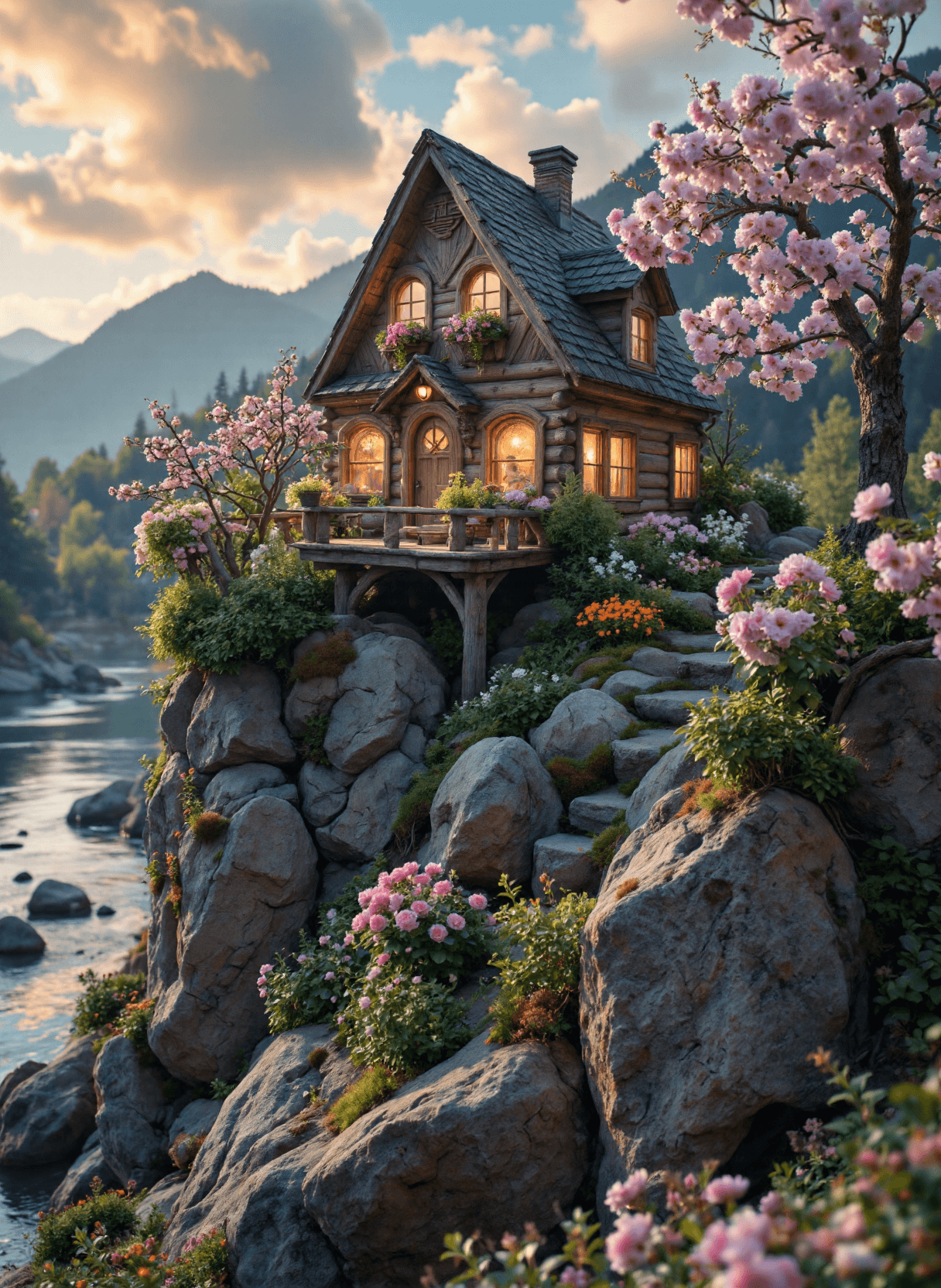 AI generated: The image depicts a whimsical, fairy-tale-like house perched on the edge of a steep cliff. The house...
