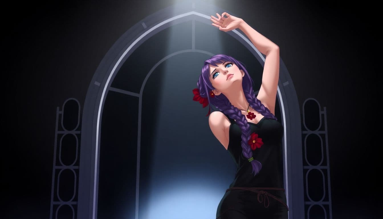 AI generated: a digital illustration of a woman with long, braided purple hair, tied up with ropes and red flowers...