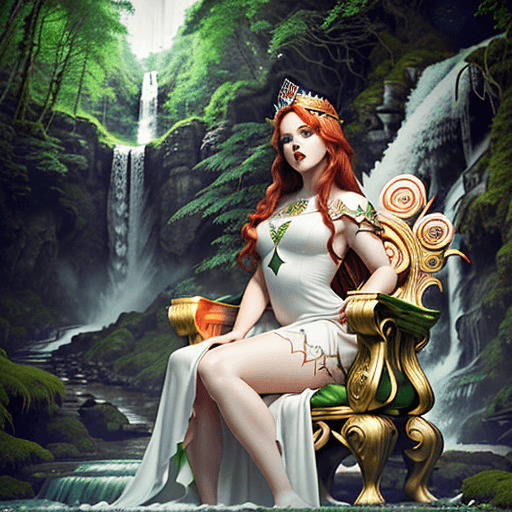 AI generated: photorealism. photo shoot. young woman, fairy queen, thick red hair, green eyes, red lips. athletic ...