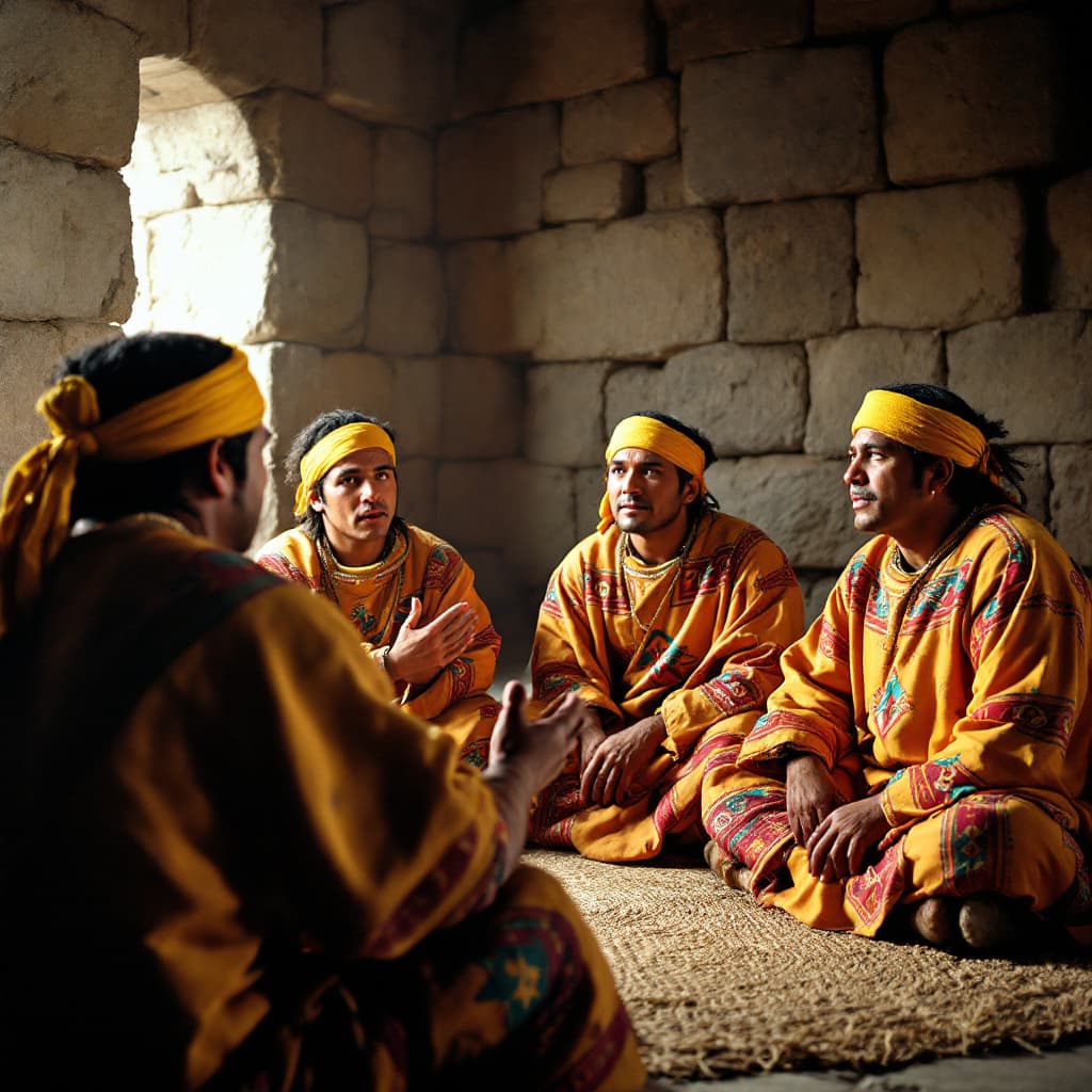 AI generated: A group of Inca men sit inside a stone room evoking the traditional architecture of the Inca Empire,...