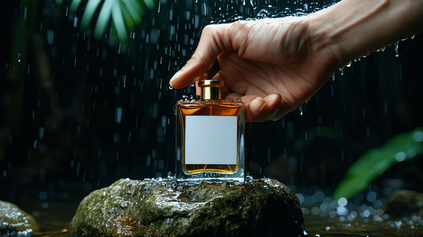 AI generated: High resolution photography of a hand holding from the bottom a luxury perfume bottle on a rock with...