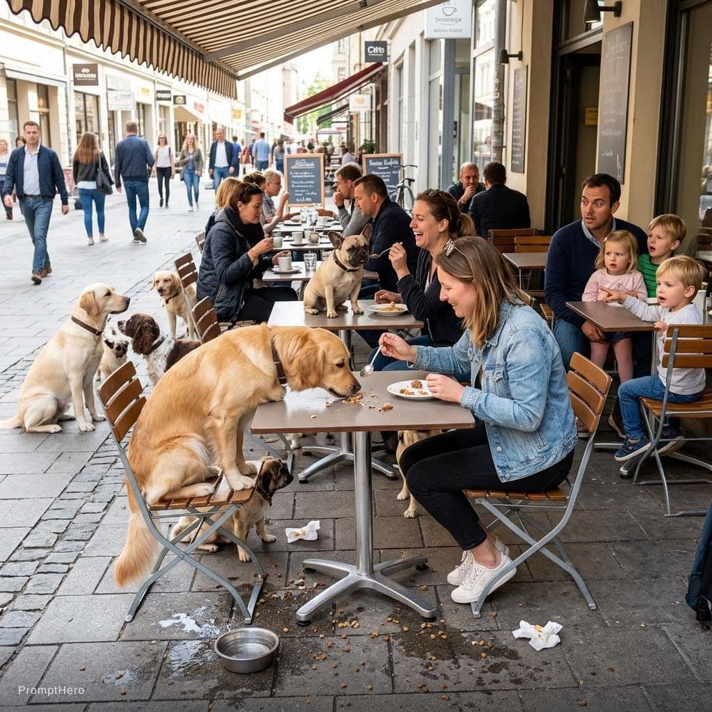 AI generated: Dogs and their owners at a restaurant, sitting at tables on the sidewalk, some dogs sitting on the t...