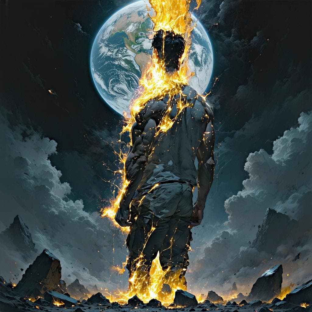 AI generated: Darkwave, synthwave,  epic music album cover. It portrays a close up of a floating very muscular per...