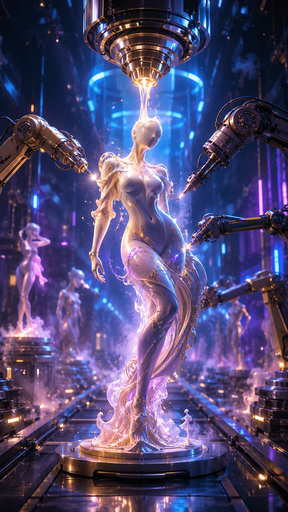 AI generated: A modern surreal editorial illustration of an abstract humanoid sculpture being assembled on a sleek...