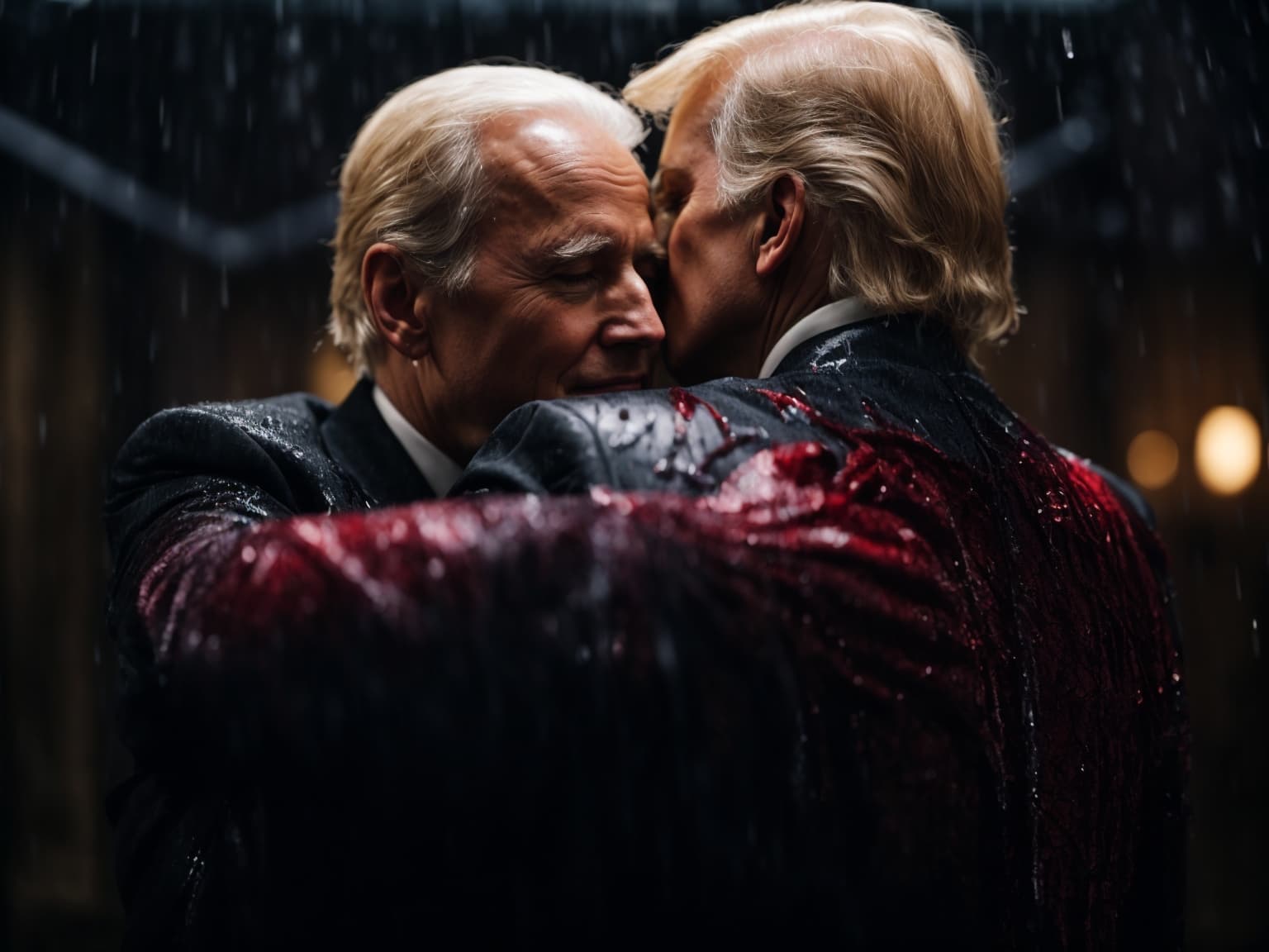 AI generated: Donald Trump hugging Biden, surreal masterpiece of a gothic love, lust, gothic enchanted (adorned ze...