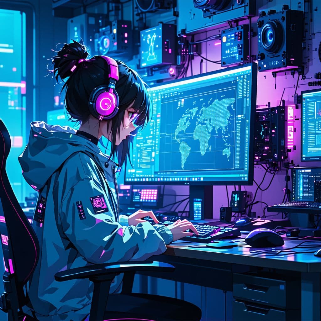 AI generated: Create a high-resolution artwork of a cyberpunk girl designing at a computer in a room full of gadge...