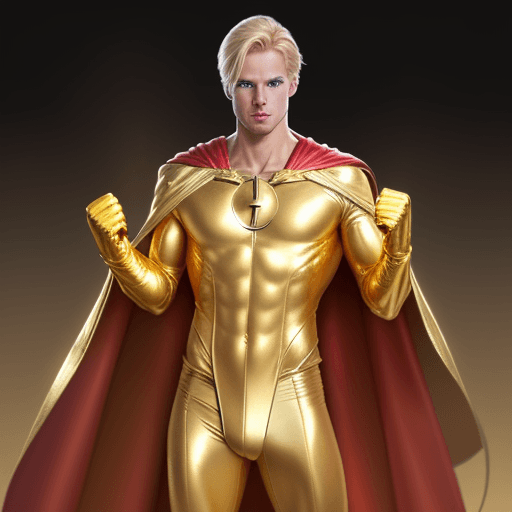 AI generated: male super hero named champion blond hair, no symbol, skin tight gold suit, gold cape, gold gloves
