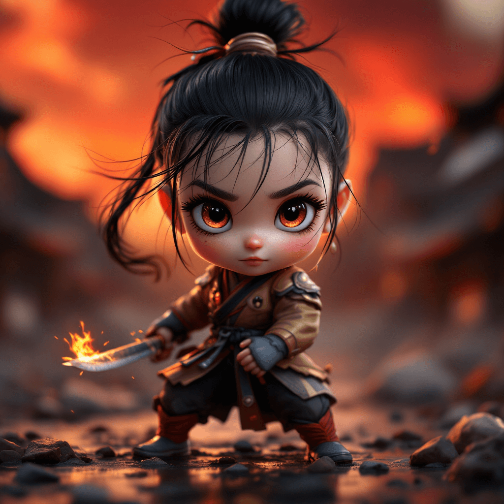 AI generated: full body view of Very realistic and stunning Image of cute and adorable kawaii Samurai Girl. big ey...