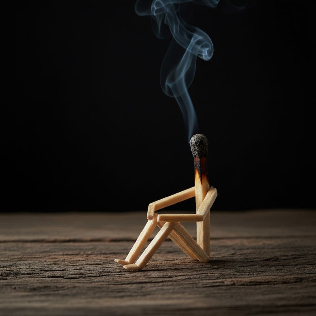 AI generated: A playful scene featuring a creatively positioned matchstick with two legs and two arms amd a smokin...