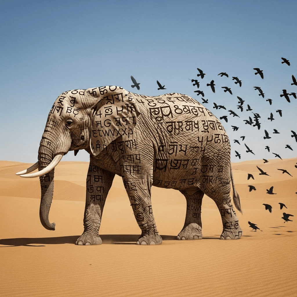 AI generated: An ancient elephant walks across a desert. Its skin is parchment covered in extinct alphabets. With ...