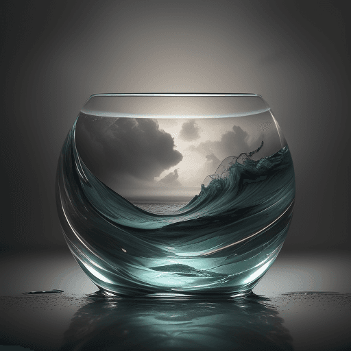 AI generated:  lovely double exposure image by blending together a stormy sea and a glass apple. The sea should se...