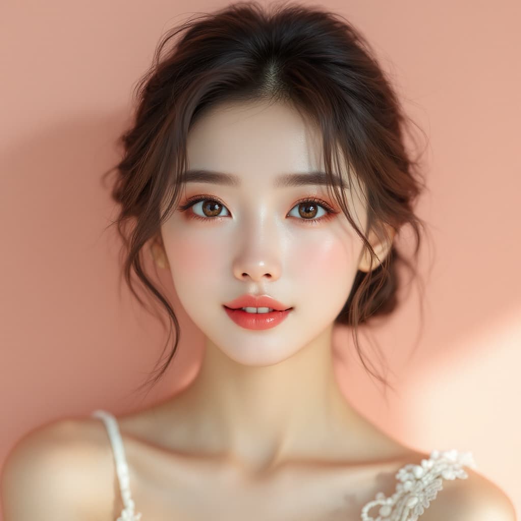 AI generated: A beautiful Chinese girl with brown hair in a low bun and light makeup, big eyes, peach pink backgro...