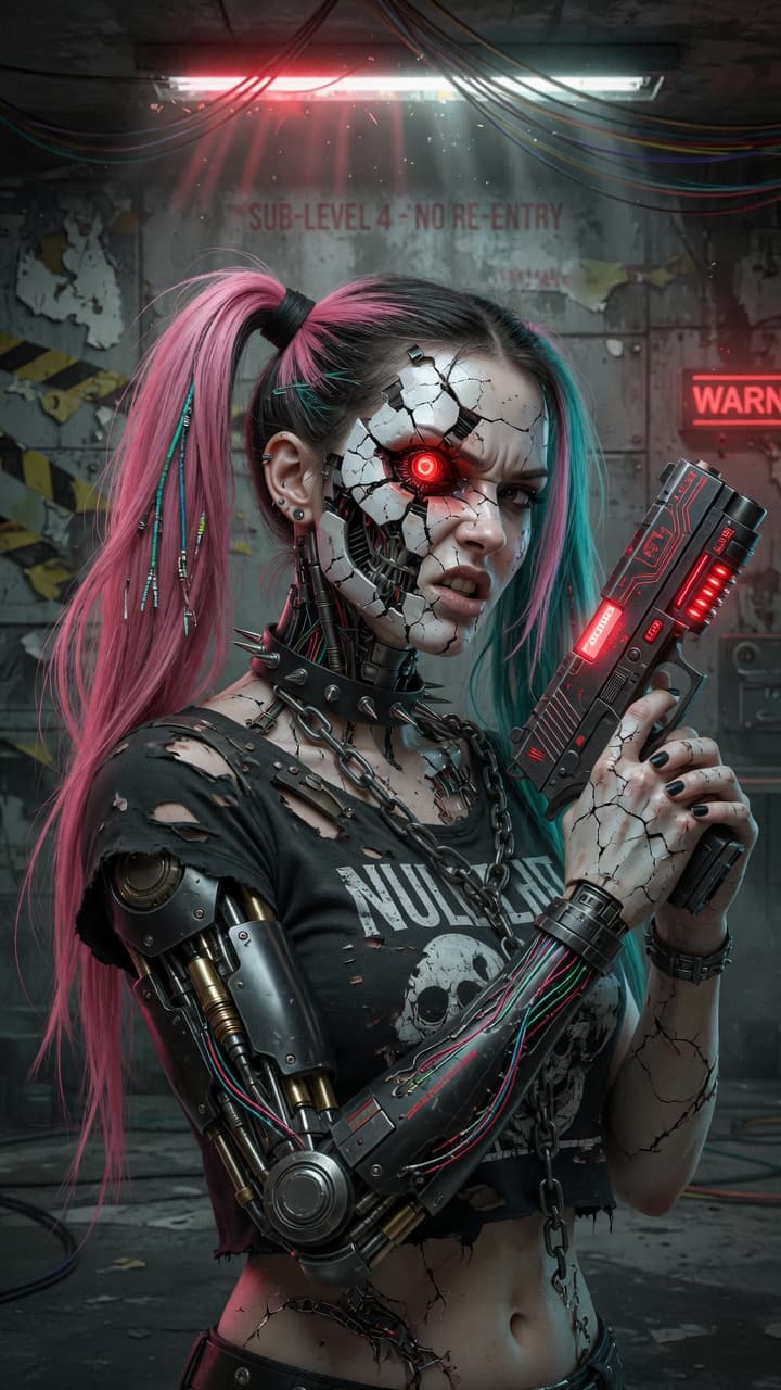 AI generated: A high-detail, hyper-realistic cyberpunk cyborg woman with long pink and teal pigtails. Her face is ...