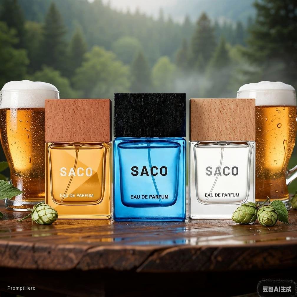 AI generated: beer, forest drink，Fragrance blending sceneMaintain product proportions and avoid deformation.