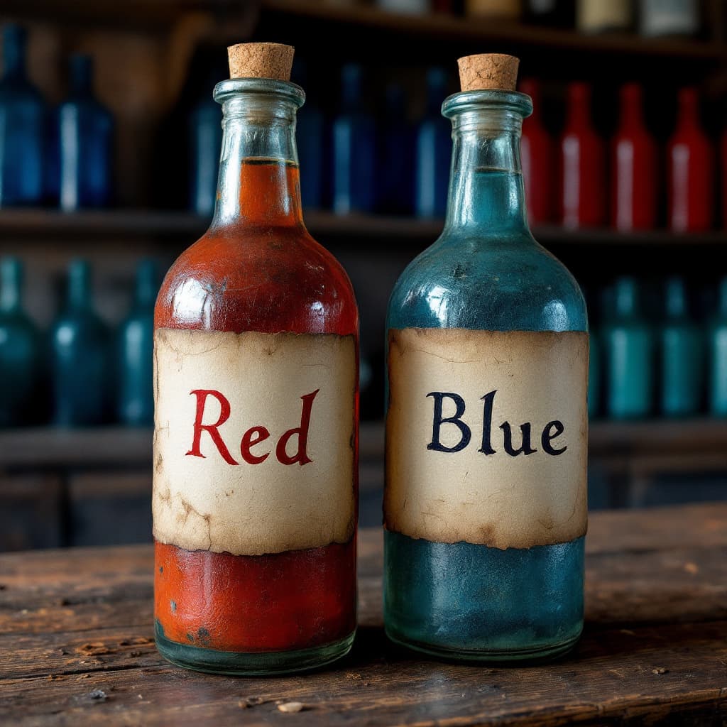 AI generated: An old-fashioned bottle with a plain old dirty looking and aged paper label that says "Red" in an ol...