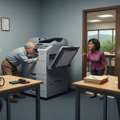 AI generated video: Have the woman visibly scolding the asian man fixing the printer, have the man in red walk over to h...