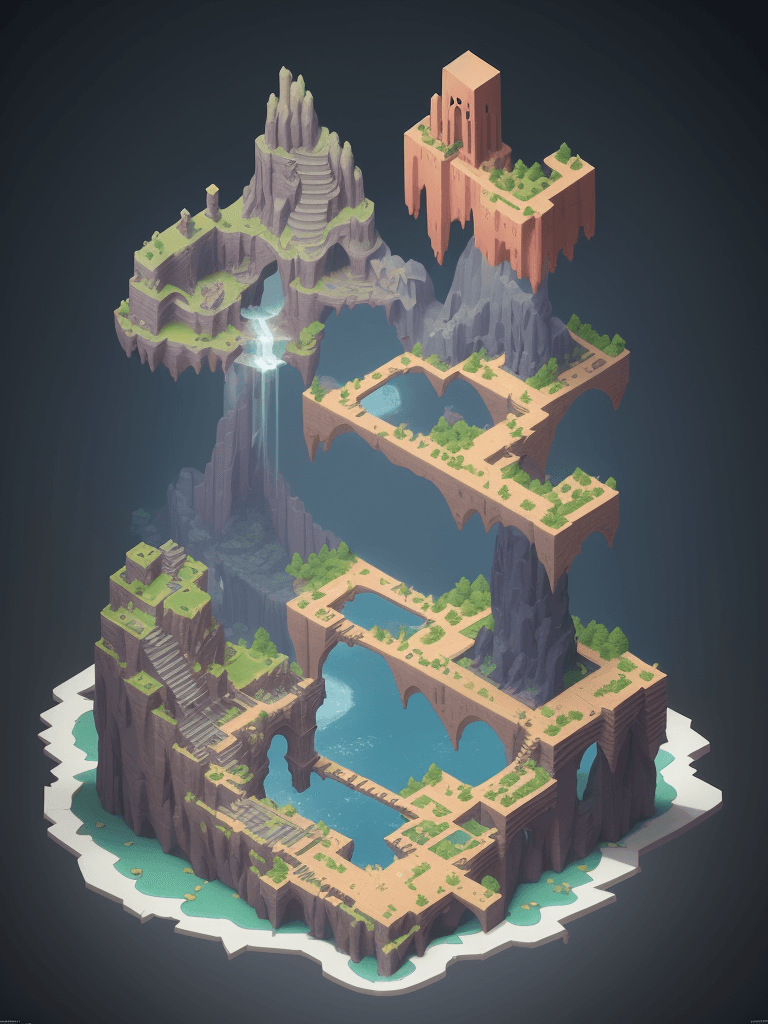 AI generated: a cute little matte low poly isometric ,storm,typhon,litter, , crash trunks,  rock waterfalls, mist,...