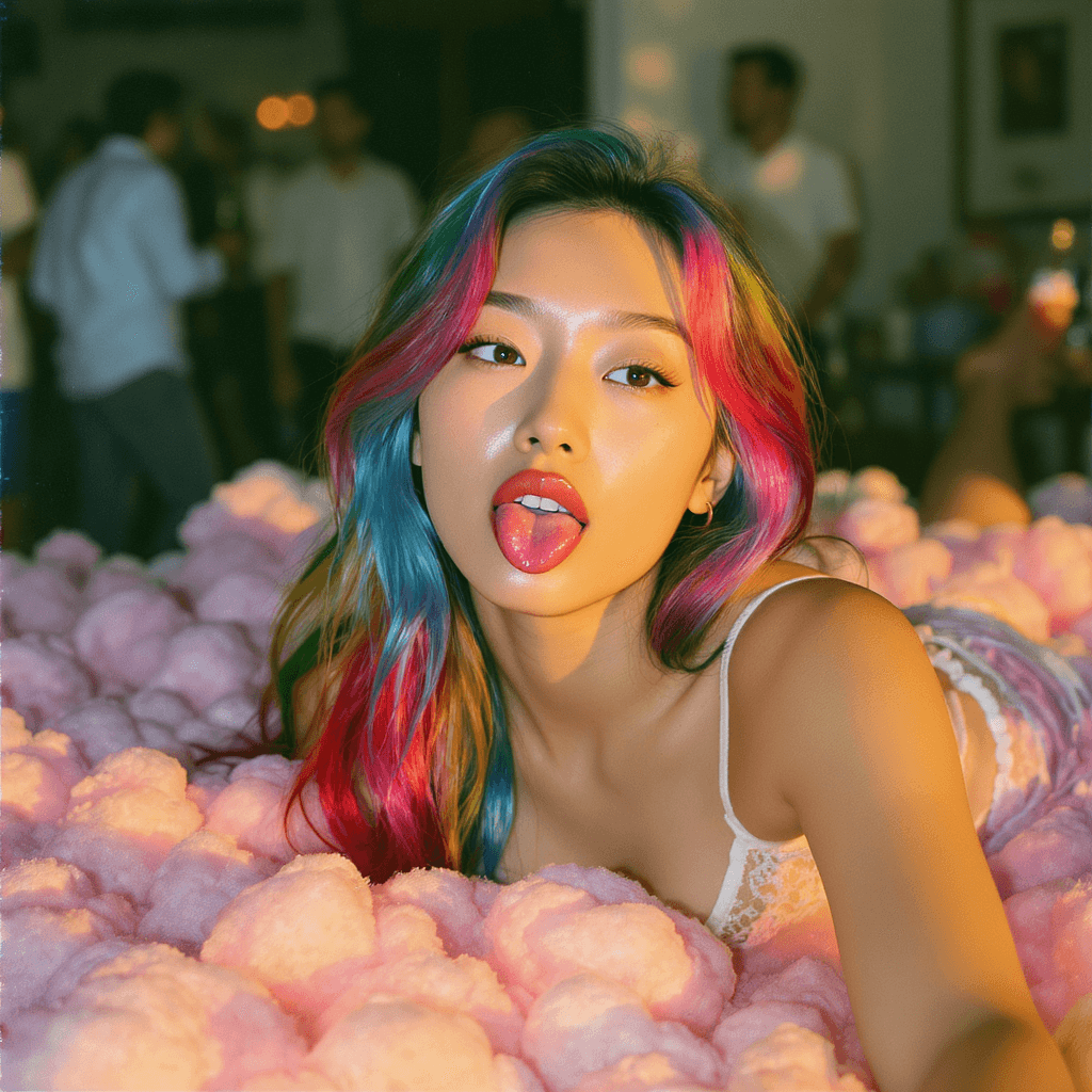 AI generated: A 23 yr old asian fashion model with multicolored rainbow hair, fair skin, and a subtle smile gazes ...