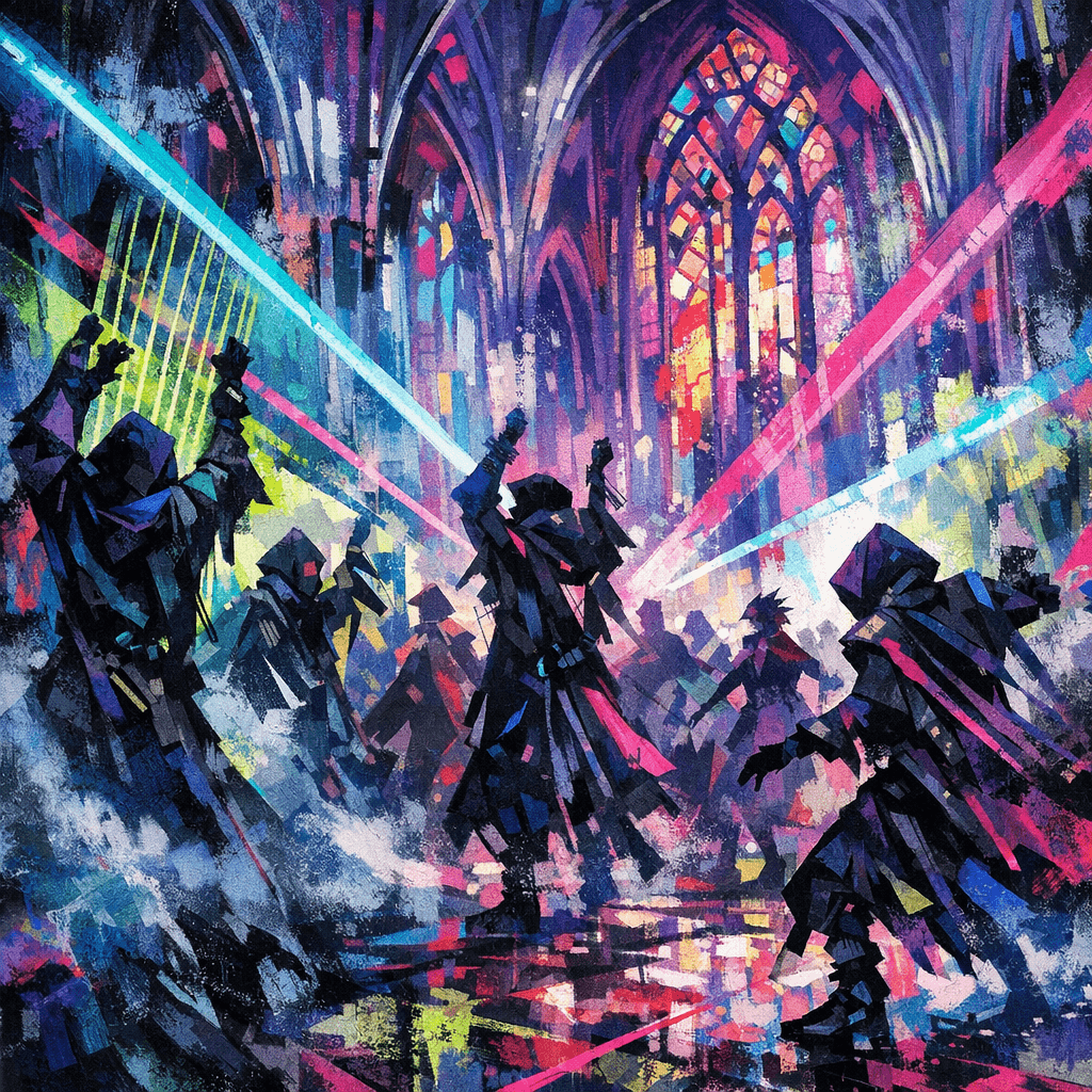 AI generated: Abstract magazine cover of a futuristic medieval rave in a gothic cathedral. Stylish and chaotic sce...