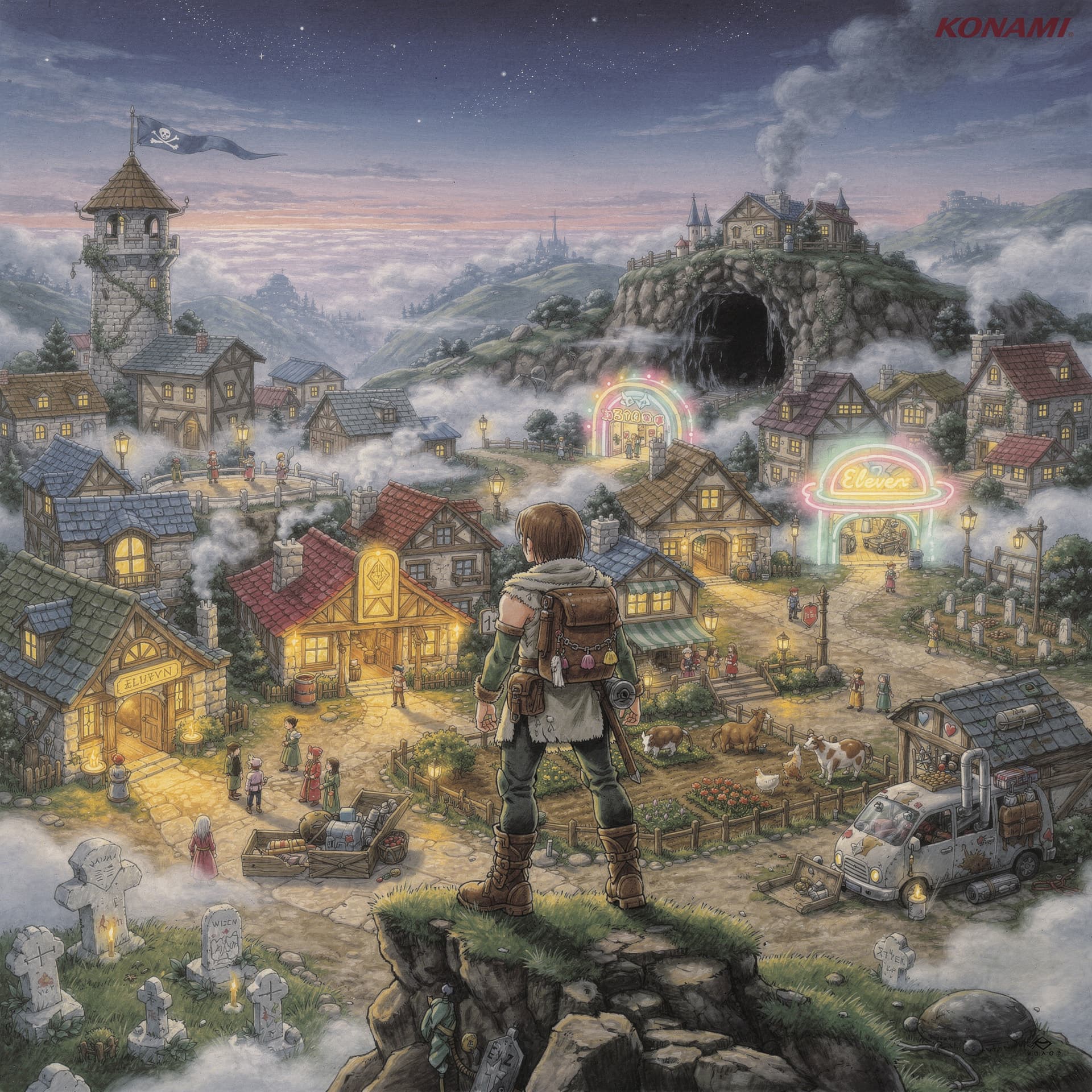 AI generated: Japanese 1990s RPG box art illustration, Konami-style hand-painted airbrush art, romantic compositio...