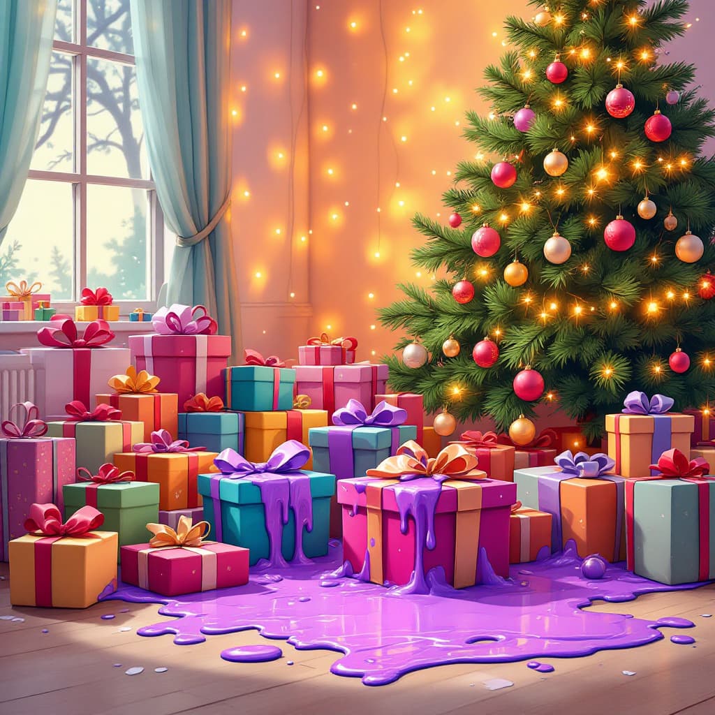 AI generated: Create a vibrant 2D cartoon image featuring a light purple ink spilling all over colorful boxes of p...