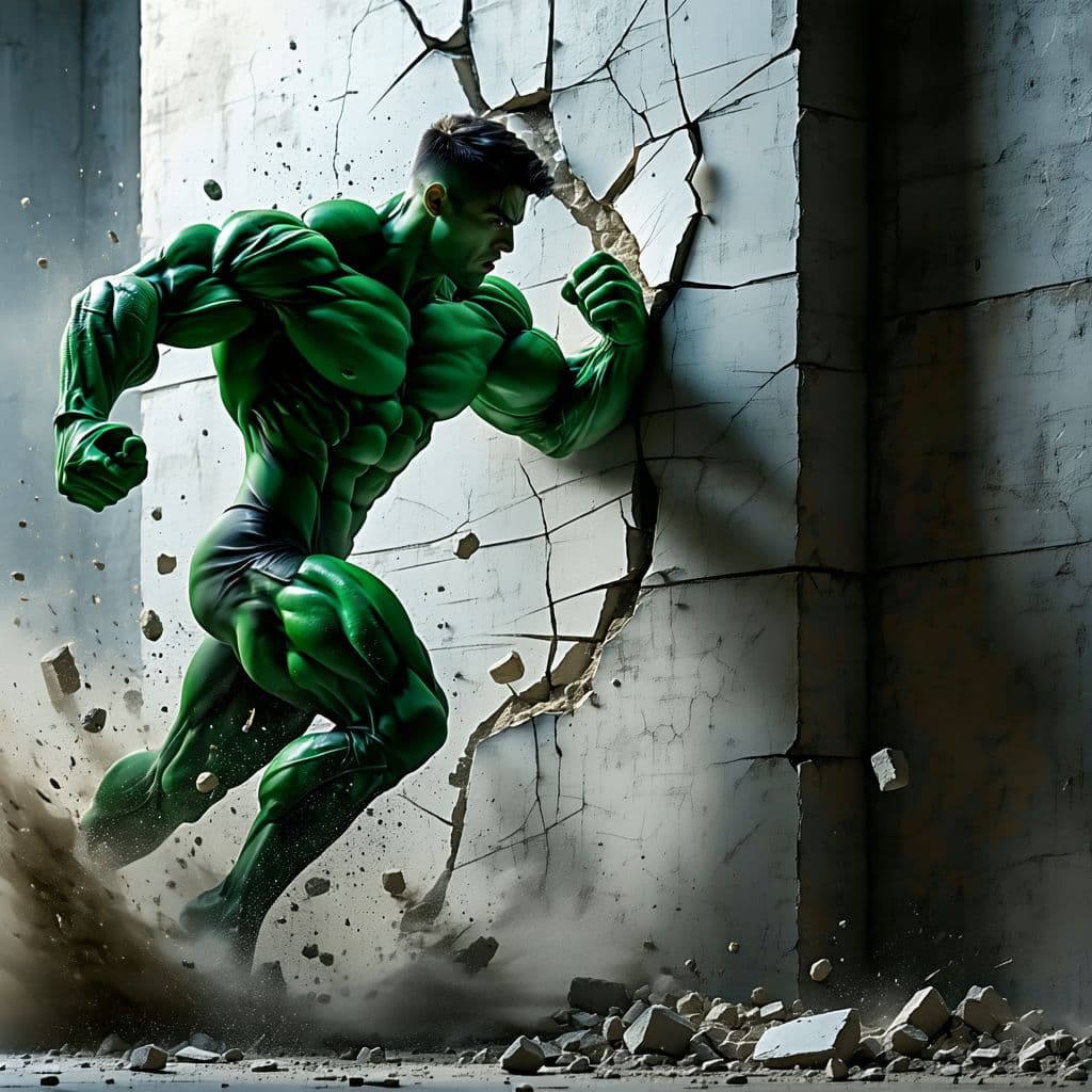 AI generated: ]A dynamic 3D character resembling a muscular humanoid with green skin, captured entirely from the l...