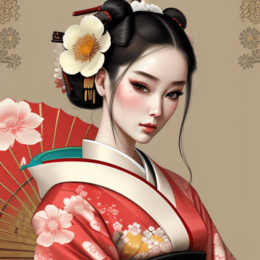 AI generated: Android, geisha, withroboticparts, in flowery kimono, Intricate details, illustrated by IRENE SHERI