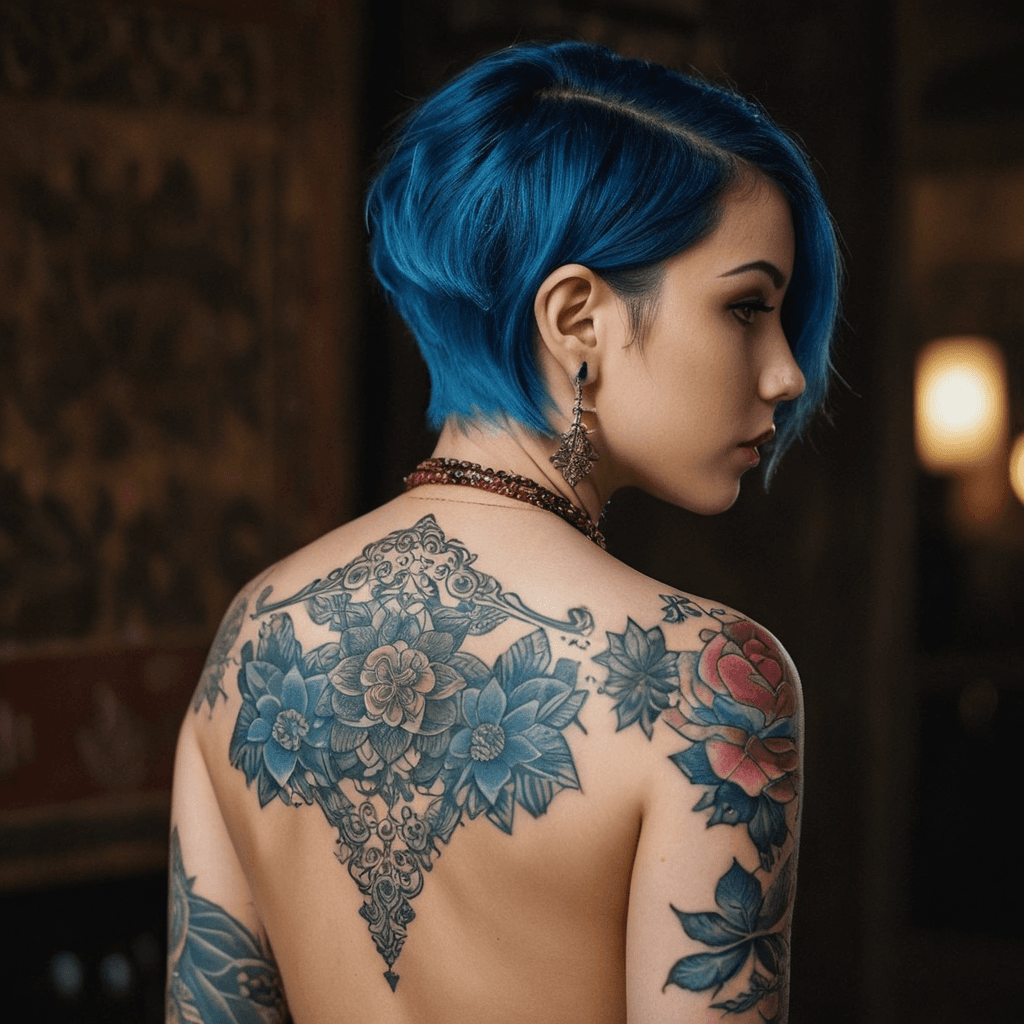 AI generated: a woman with short blue hair styled to one side, adorned with tattoos on her back. Her vibrant blue ...