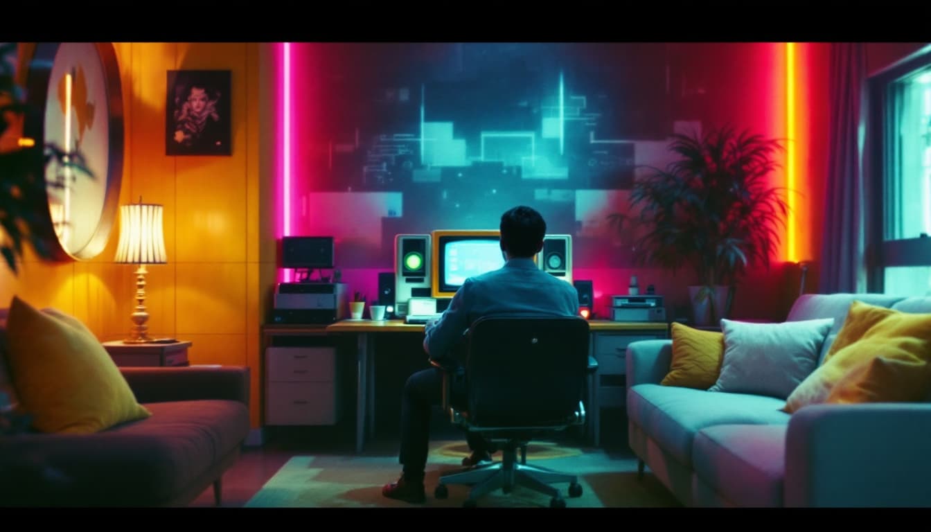 AI generated:  Screenshot of Super Panavision 70 film from the 1950s, in colour, office room with retro-future 195...