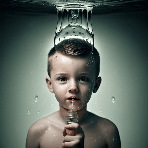 AI generated: Create an image featuring a boy with a lightbulb as his head, where water is pouring out of the bulb...