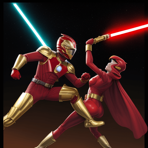 AI generated:  RED SPANDEX SUIT, WITH GOLD GLOVES AND BOOTS , wearing a RED ranger helmet HOLDING a lightsaber vs ...