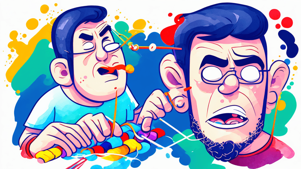 AI generated: Low angle shot looking up at a man knitting, he has a determined expression on his face cartoon styl...