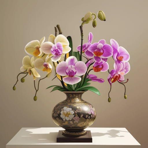 AI generated: wide angle photograph of a large and bountiful orchid and wild blossoms arrangement being displayed:...