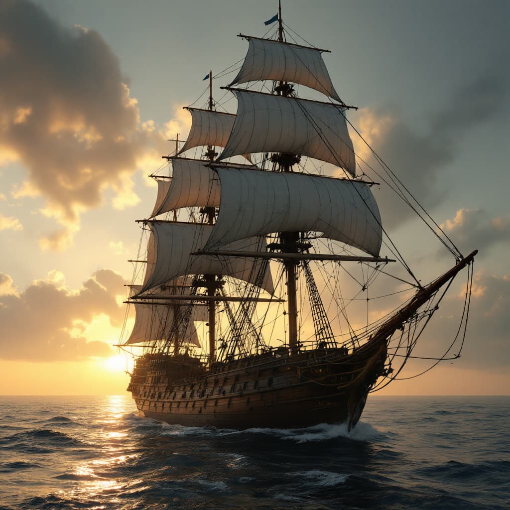 AI generated: Photo of a ultra realistic sailing ship, dramatic light, pale sunrise, cinematic lighting, battered,...