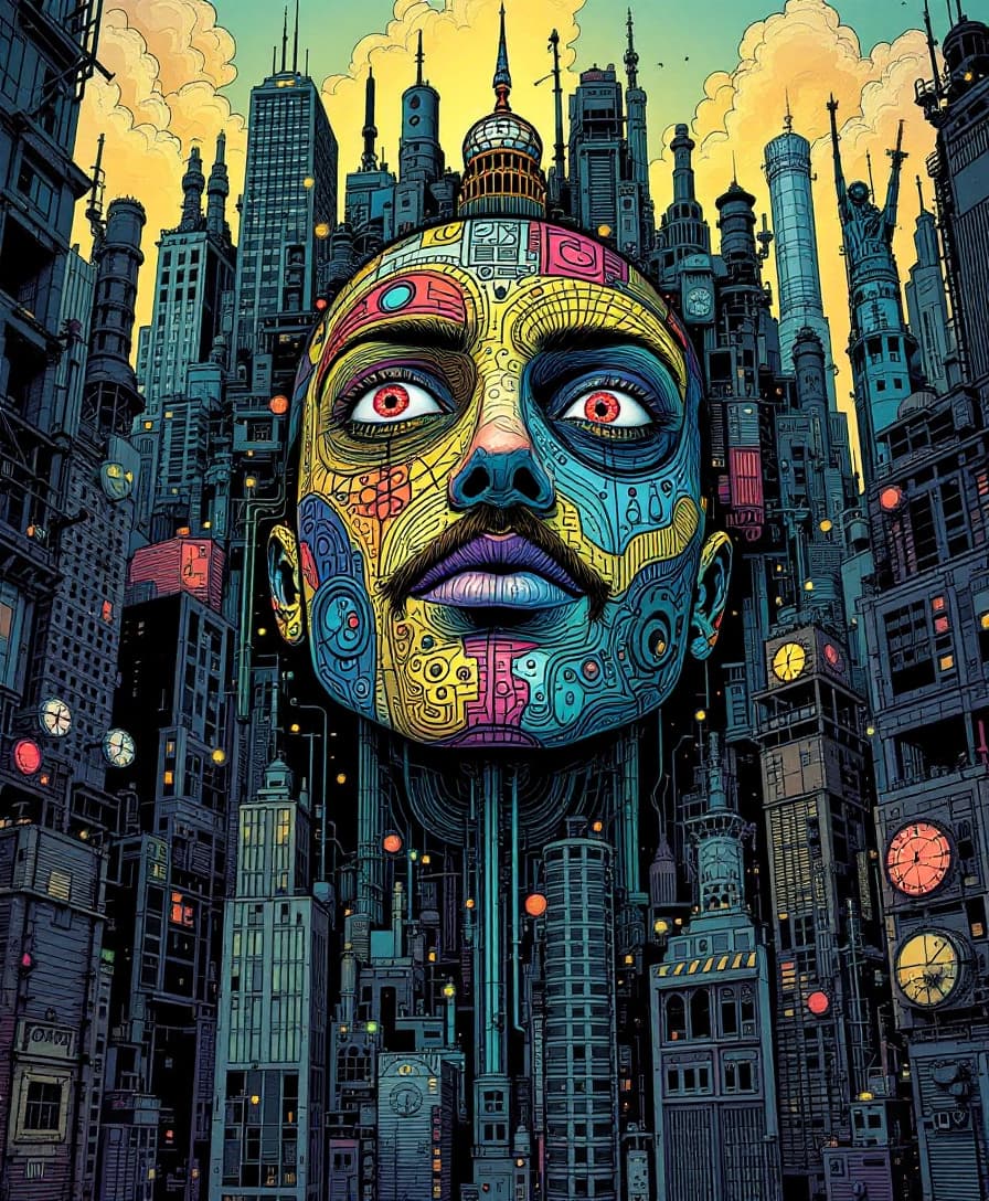 AI generated: cartoon with a colorful face surrounded by a city, in the style of tim doyle, industrial forms, pack...