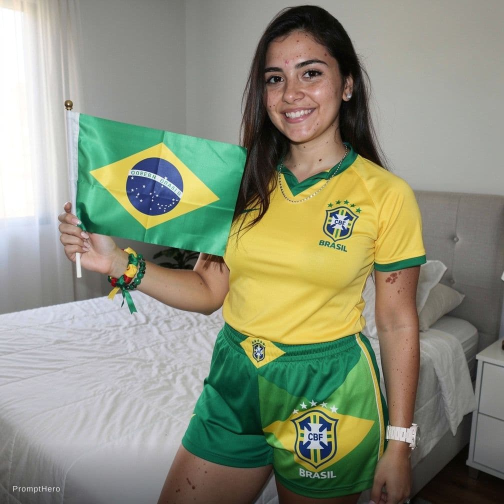 AI generated: foto realista tirada com smartphone, iluminação natural de janela, jovem mulher brasileira em pé den...