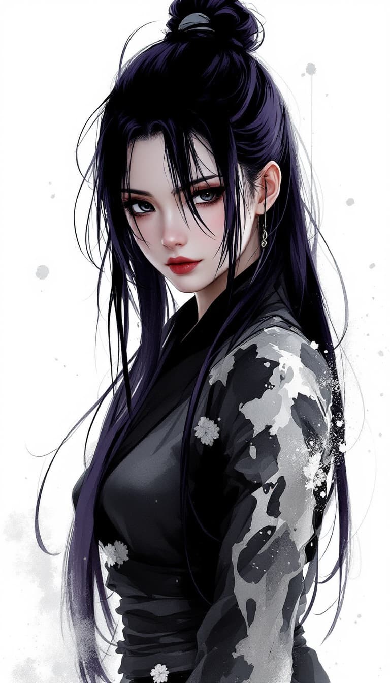AI generated: 1 woman, weapon, long hair, dark purple hair, white background, solo, looking at viewer, black eyes,...