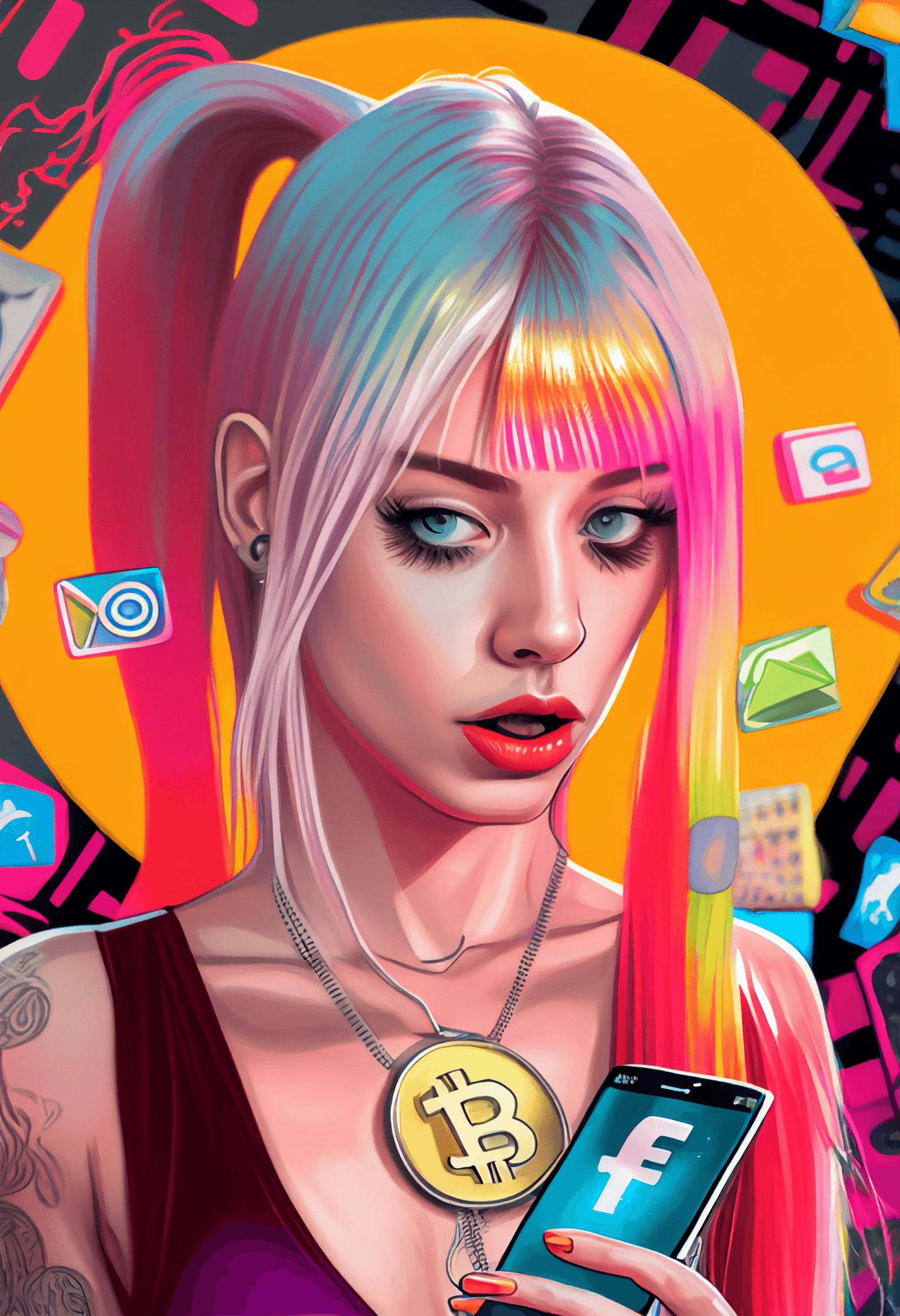 AI generated: A satirical digital illustration of the insinuating "Instagram Crypto Babe"::2 The artwork showcases...