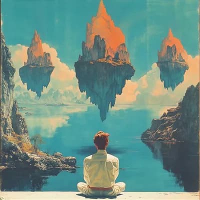 AI generated video: Islands float past in the sky as a man watches, wind blows his hair and clothes