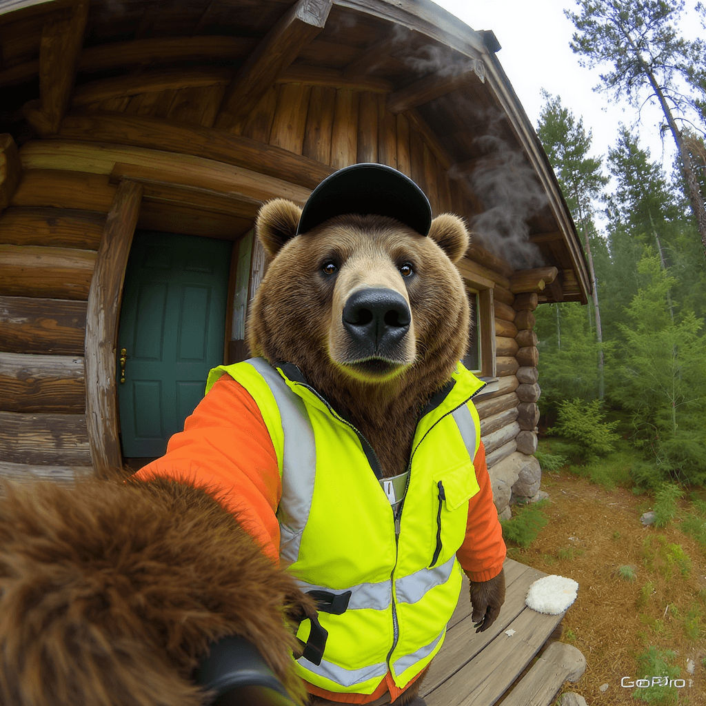 AI generated: A realistic brown bear stands on the threshold of a wooden house, surrounded by a pine forest, weari...