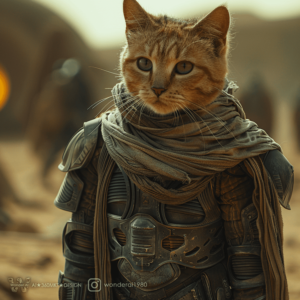 AI generated: The Dune movie still shows an anthropomorphic cute cat as Paul Atreides in the desert with dark curl...