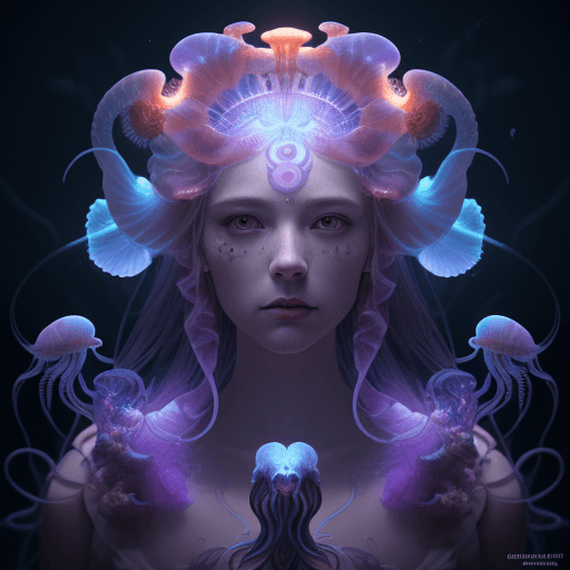 AI generated: Goddess close-up portrait ribcagel. jellyfish phoenix head, nautilus, orchid, skull, betta fish, bio...