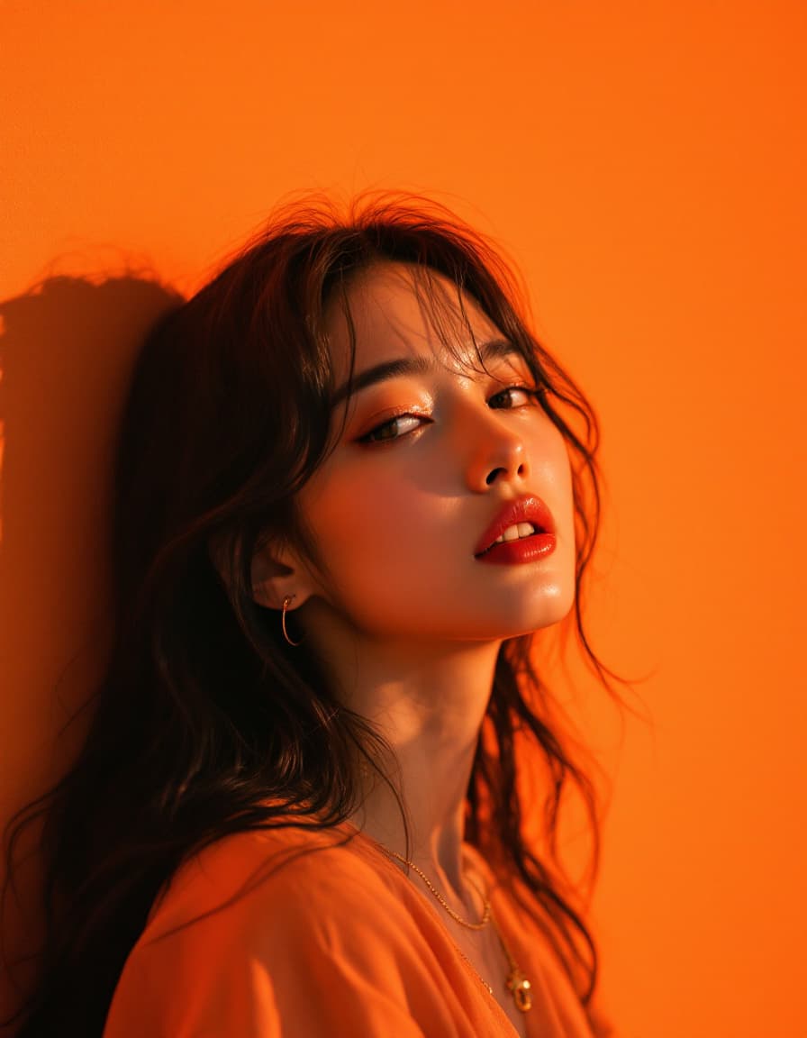 AI generated: photography, orange hue, korean woman model, solid orange backdrop, using a camera setup that mimics...
