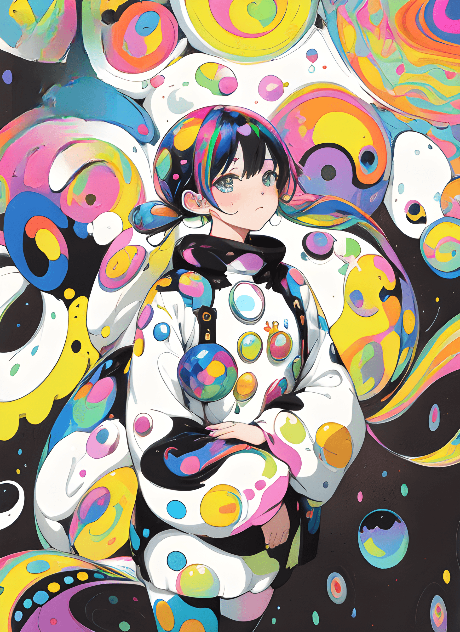 AI generated: a woman that is standing in front of a wall, psychedelic lsd manga, white with black spots, detailed...