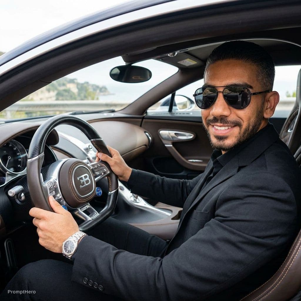 AI generated: in the car bugati with sunglass