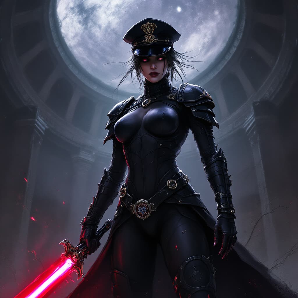 AI generated: artwork in the grimdark style of warhammer 40k of a female comissar, standing infront a gothic circh...